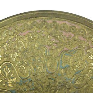 Etched Brass Bowl Chinoiserie Round Footed Decor Trinket 3 7/8 inches Enamel